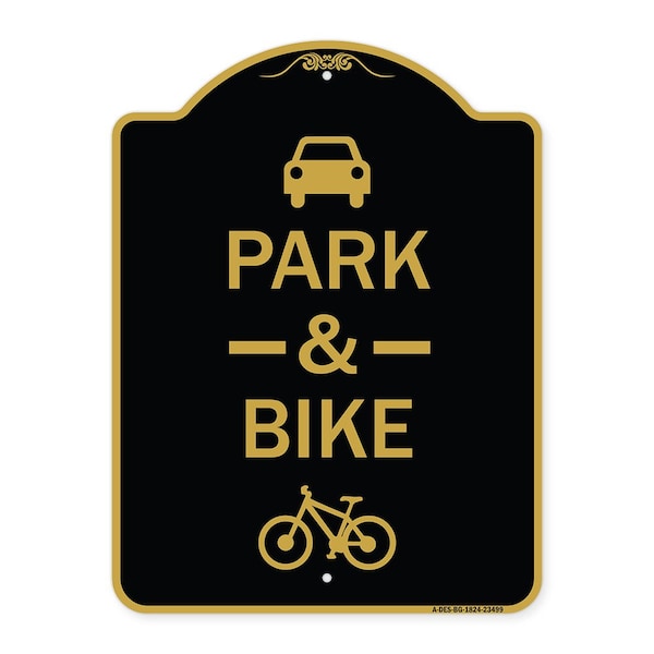 Park & Ride With Bicycle Graphic, Black & Gold Aluminum Architectural Sign, 18" x 24", BG-1824-23499